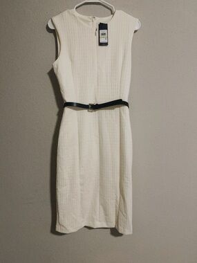 Tommy Hilfiger Cream Sleeveless Midi Sheath Dress with Black Belt